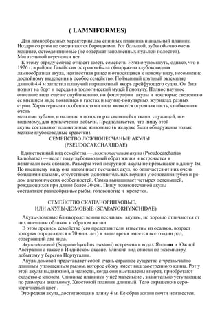 ( LAMNIFORMES)
Для ламнообразных характерны два спинных плавника и анальный плавник.
Ноздри со ртом не соединяются бороздками. Рот большой, зубы обычно очень
мощные, остеодентиновые (не содержат заполненных пульпой полостей).
Мигательной перепонки нет.
К этому отряду сейчас относят шесть семейств. Нужно упомянуть, однако, что в
1976 г. в районе Гавайских островов была обнаружена глубоководная
ламнообразная акула, неизвестная ранее и относящаяся к новому виду, несомненно
достойному выделения в особое семейство. Пойманный крупный экземпляр
длиной 4,4 м заглотил плавучий парашютный якорь дрейфующего судна. Он был
поднят на борт и передан в зоологический музей Гонолулу. Полное научное
описание вида еще не опубликовано, но фотографии акулы и некоторые сведения о
ее внешнем виде появились в газетах и научно-популярных журналах разных
стран. Характерными особенностями вида являются огромная пасть, снабженная
очень
мелкими зубами, и наличие в полости рта светящейся ткани, служащей, по-
видимому, для привлечения добычи. Предполагается, что пищу этой
акулы составляют планктонные животные (в желудке были обнаружены только
мелкие глубоководные креветки).
СЕМЕЙСТВО ЛОЖНОПЕСЧАНЫЕ АКУЛЫ
(PSEUDOCARCHARIIDAE)
Единственный вид семейства — ложнопесчаная акула (Pseudocarcharias
kamoharae) — ведет полуглубоководный образ жизни и встречается в
пелагиали всех океанов. Размеры этой некрупной акулы не превышают в длину 1м.
По внешнему виду она напоминает песчаных акул, но отличается от них очень
большими глазами, отсутствием дополнительных вершин у основания зубов и ря-
дом анатомических особенностей. Самка вынашивает четырех детенышей,
рождающихся при длине более 30 см.. Пищу ложнопесчаной акулы
составляют разнообразные рыбы, головоногие и креветки.
СЕМЕЙСТВО СКАПАНОРИНХОВЫЕ,
ИЛИ АКУЛЫ-ДОМОВЫЕ (SCAPANORHYNCHIDAE)
Акулы-домовые близкородственны песчаным акулам, но хорошо отличаются от
них внешним обликом и образом жизни.
В этом древнем семействе (его представители известны из осадков, возраст
которых определяется в 70 млн. лет) в наше время имеется всего один род,
содержащий два вида.
Акула-домовой (Scapanorhynchus owstoni) встречена в водах Японии и Южной
Австралии а также в Индийском океане. Близкий вид описан по экземпляру,
добытому у берегов Португалии.
Акула-домовой представляет собой очень странное существо с чрезвычайно
длинным уплощенным рылом, которое сбоку имеет вид заостренного клина. Рот у
этой акулы выдвижной, а челюсти, когда они выставлены вперед, приобретают
сходство с клювом. Спинные плавники у неё маленькие , значительно уступающие
по размерам анальному. Хвостовой плавник длинный. Тело окрашено в серо-
коричневый цвет .
Это редкая акула, достигающая в длину 4 м. Ее образ жизни почти неизвестен.
 