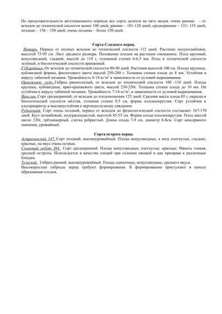 По продолжительности вегетационного периода все сорта делятся на пять видов: очень ранние – от
всходов до технической спелости менее 100 дней, ранние – 101-120 дней, среднеранние – 121- 135 дней,
поздние – 136 – 150 дней, очень поздние – более 150 дней.
Сорта Сладкого перца.
Янтарь. Период от полных всходов до технической спелости 112 дней. Растение полуштамбовое,
высотой 75-95 см. Лист среднего размера. Положение плодов на растении смешанное. Плод крупный,
конусовидный, гладкий, массой до 110 г, толщиной стенки 6-6,5 мм. Плод в технической спелости
зелёный, в биологической спелости оранжевый.
F1Кардинал. От всходов до технической спелости 80-90 дней. Растения высотой 100 см. Плоды крупные,
кубовидной формы, фиолетового цвета массой 250-280 г. Толщина стенки плода до 8 мм. Устойчив к
вирусу табачной мозаики. Урожайность 8-14 кг/м2
в зависимости от условий выращивания.
Оранжевое чудо. Гибрид раннеспелый, от всходов до технической спелости 100 -110 дней. Плоды
крупные, кубовидные, ярко-оранжевого цвета, массой 230-250г. Толщина стенки плода до 10 мм. Он
устойчив к вирусу табачной мозаики. Урожайность 7-14 кг/м2
, в зависимости от условий выращивания.
Ярослав. Сорт среднеранний, от всходов до плодоношения 125 дней. Средняя масса плода 85 г, окраска в
биологической спелости жёлтая, толщина стенки 0.5 см, форма плоскоокруглая. Сорт устойчив к
альтернариозу и высокоустойчив к вертициллезному увяданию.
Рубиновый. Сорт очень поздний, период от всходов до физиологической спелости составляет 167-170
дней. Куст штамбовый, полураскидистый, высотой 45-55 см. Форма плода плоскоокруглая. Плод массой
около 120г, трёхкамерный, слегка ребристый. Длина плода 7-9 см, диаметр 6-8см. Сорт консервного
значения, урожайный.
Сорта острого перца.
Астраханский 147. Сорт поздний, высокоурожайный. Плоды конусовидные, к низу изогнутые, гладкие,
красные, на вкус очень острые.
Слоновый хобот 304. Сорт среднеранний. Плоды конусовидные, изогнутые, красные. Мякоть тонкая,
средней остроты. Используется в качестве специй при солении овощей и как приправа к различным
блюдам.
Тульский. Гибрид ранний, высокоурожайный. Плоды одиночные, конусовидные, среднего вкуса.
Высокорослые гибриды перца требуют формирования. К формированию приступают в начале
образования плодов.
 