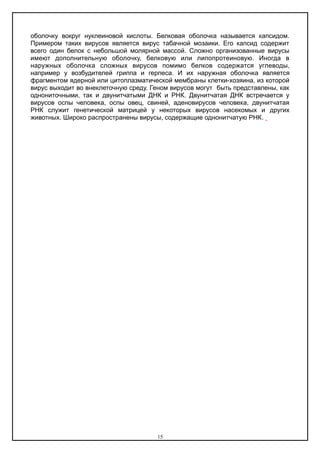 оболочку вокруг нуклеиновой кислоты. Белковая оболочка называется капсидом.
Примером таких вирусов является вирус табачной мозаики. Его капсид содержит
всего один белок с небольшой молярной массой. Сложно организованные вирусы
имеют дополнительную оболочку, белковую или липопротеиновую. Иногда в
наружных оболочка сложных вирусов помимо белков содержатся углеводы,
например у возбудителей гриппа и герпеса. И их наружная оболочка является
фрагментом ядерной или цитоплазматической мембраны клетки-хозяина, из которой
вирус выходит во внеклеточную среду. Геном вирусов могут быть представлены, как
однониточными, так и двунитчатыми ДНК и РНК. Двунитчатая ДНК встречается у
вирусов оспы человека, оспы овец, свиней, аденовирусов человека, двунитчатая
РНК служит генетической матрицей у некоторых вирусов насекомых и других
животных. Широко распространены вирусы, содержащие однонитчатую РНК.
15
 