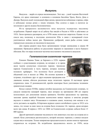 Выхухоль
Выхухоль – зверёк из отряда насекомоядных. Этот вид – узкий эндемик Восточной
Европы, его ареал охватывает в основном в основном бассейны Урала, Волги, Дона и
Днепра. Выхухоль ведёт полуводный образ жизни, предпочитая пойменные старицы, озёра
и небольшие лесные речки с тихим течением. Она селится в норах и охотится на
моллюсков и других водных беспозвоночных.
Из-за прекрасного шелковистого меха выхухоль подверглась массовому
истреблению. Первый запрет на её добычу был введён в России в 1920г и действовал до
1933г. Затем промысел расширили, но в 1970г вновь полностью запретили. Однако это не
спасло вид, поскольку в последние десятилетия ХХв. в связи с мелиорацией стали
уничтожаться поймы малых рек. Применение удобрений, ловля рыбы сетями также
отрицательно сказались на численности выхухоли.
Для охраны редкого вида было организованно четыре заповедника и свыше 40
заказников. Проводятся работы по расселению зверьков из заказников в места бывшего
обитания. Все эти меры позволили частично восстановить численность выхухоли.
Галапагоссская гигантская черепаха
Епископ Панамы Томас де Берланга в 1535г первым
сообщил о существовании островов, на которых в то время
жили тысячи сухопутных гигантских черепах. Архипелаг
нарекли Галапагоским в честь черепах, которых испанцы
называли «galapago». Эти великаны были размером с
обеденный стол и весили до 300кг. На склонах вулканов и
островах, отделённых друг от друга водными преградами или
лавовыми полями, обитали различные виды гигантских черепах. В настоящее время
сохранилось лишь 13 разновидностей, причём некоторые были уничтожены человеком
сравнительно недавно.
Когда в начале ХVIIIв. первые китобои высадились на Галапагосских островах, то
увидели множество панцирей черепах, мясо которых на протяжении 200 лет пираты
использовали для дополнения запасов провианта. Китобои продолжили эту практику,
заполняя трюмы кораблей большим количеством живых черепах в качестве резерва
вкусного и свежего мяса. Отлавливали в основном самок, поскольку они меньше и их
легче доставить на корабль. В бортовом журнале одного китобойного судна за 1812г есть
запись, что только за один заход на острова было отловлено 14т. черепах, среди которых
всего три самца. В период с 1831г по 1868г на Галапагосских островах добыли более 13
000 черепах
Другой причиной снижения численности этих животных стал ввоз на острова коз и
свиней. Козы уничтожали растительность, которой питались черепахи, а свиньи поедали
кладки яиц и молодняк. Только невероятная продолжительность жизни помогла черепахам
сохраниться на островах. Их истребление продолжалось вплоть до 1959г, когда
 