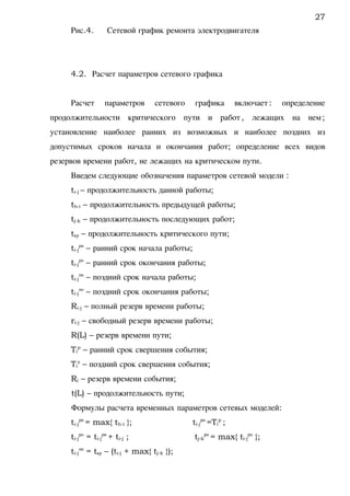 Рис.4. Сетевой график ремонта электродвигателя
4.2. Расчет параметров сетевого графика
Расчет параметров сетевого графика включает: определение
продолжительности критического пути и работ, лежащих на нем;
установление наиболее ранних из возможных и наиболее поздних из
допустимых сроков начала и окончания работ; определение всех видов
резервов времени работ, не лежащих на критическом пути.
Введем следующие обозначения параметров сетевой модели :
ti-j – продолжительность данной работы;
th-i – продолжительность предыдущей работы;
tj-k – продолжительность последующих работ;
tкр – продолжительность критического пути;
ti-j
рн
– ранний срок начала работы;
ti-j
ро
– ранний срок окончания работы;
ti-j
пн
– поздний срок начала работы;
ti-j
по
– поздний срок окончания работы;
Ri-j – полный резерв времени работы;
ri-j – свободный резерв времени работы;
R(L) – резерв времени пути;
Ti
p
– ранний срок свершения события;
Ti
п
– поздний срок свершения события;
Ri – резерв времени события;
t(L) – продолжительность пути;
Формулы расчета временных параметров сетевых моделей:
ti-j
рн
= max{ th-i }; ti-j
рн
=Ti
p
;
ti-j
ро
= ti-j
рн
+ ti-j ; tj-k
рн
= max{ ti-j
ро
};
ti-j
пн
= tкр – (ti-j + max{ tj-k });
27
 