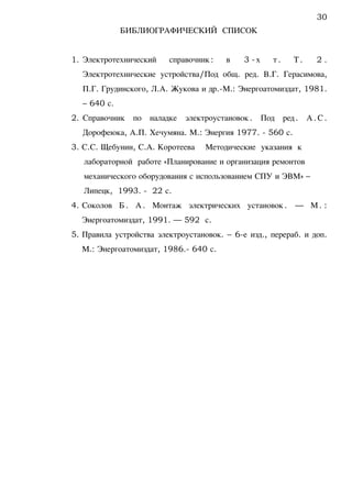 БИБЛИОГРАФИЧЕСКИЙ СПИСОК
1. Электротехнический справочник: в 3 -х т. Т. 2 .
Электротехнические устройства/Под общ. ред. В.Г. Герасимова,
П.Г. Грудинского, Л.А. Жукова и др.-М.: Энергоатомиздат, 1981.
– 640 с.
2. Справочник по наладке электроустановок. Под ред. А.С.
Дорофеюка, А.П. Хечумяна. М.: Энергия 1977. - 560 с.
3. С.С. Щебунин, С.А. Коротеева Методические указания к
лабораторной работе «Планирование и организация ремонтов
механического оборудования с использованием СПУ и ЭВМ» –
Липецк, 1993. - 22 с.
4. Соколов Б. А. Монтаж электрических установок. — М. :
Энергоатомиздат, 1991. — 592 с.
5. Правила устройства электроустановок. – 6-е изд., перераб. и доп.
М.: Энергоатомиздат, 1986.- 640 с.
30
 