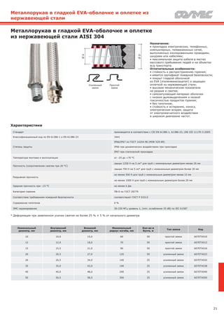 21
Усиленный
замок
Простой
замок
Назначение:
• прокладка электрических, телефонных,
компьютерных, телевизионных сетей,
выполненных изолированными проводами,
шнурами или кабелями;
• максимальная защита кабеля в местах
массового пребывания людей и на объектах
ж/д транспорта.
Отличительные особенности:
• стойкость к распространению горения;
• имеется сертификат пожарной безопасности;
• покрыт гладкой оболочкой
из EVA (этиленвинилацетат) и защищен
оплеткой из нержавеющей стали;
• высокие механические показатели
на разрыв и сжатие;
• самозатухающий материал оболочки
с низким дымовыделением и низкой
токсичностью продуктов горения;
• без галогенов;
• стойкость к истиранию, износу,
электрическим искрам, защита
от электромагнитного воздействия
в широком диапазоне частот.
Металлорукав в гладкой EVA-оболочке и оплетке
из нержавеющей стали AISI 304
Ød
ØD
Характеристики
Стандарт производятся в соответствии с CEI EN 61386-1, 61386-23, UNI CEI 11170-3:2005
Классификационный код по EN 61386-1 и EN 61386-23 3441
Степень защиты
IP66/IP67 по ГОСТ 14254-96 (МЭК 529-89)
IP66 при динамических воздействиях при прокладке
IP67 при статической прокладке
Температура монтажа и эксплуатации от –25 до +70 °С
Прочность (сопротивление сжатию при 20 °С)
свыше 1250 Н на 5 см* для труб с номинальным диаметром менее 26 мм
свыше 750 Н на 5 см* для труб с номинальным диаметром более 35 мм
Разрывная прочность
не менее 500 Н для труб с номинальным диаметром менее 15 мм
не менее 1000 Н для труб с номинальным диаметром более 20 мм
Ударная прочность при –15 °С не менее 6 Дж
Категория горения ПВ-0 по ГОСТ 28779
Соответствие требованиям пожарной безопасности соответствуют ГОСТ Р 53313
Содержание галогенов 0 %
ЭМС-экранирование 30-230 МГц уровень 1, (min. ослабление 35 dB) по IEC 61587
* Деформация при заявленном усилии сжатия не более 25 % ± 5 % от начального диаметра
Номинальный
диаметр, мм
Внутренний
диаметр, мм
Внешний
диаметр, мм
Минимальный
радиус изгиба, мм
Кол-во в
бухте, м
Тип замка Код
10 10,0 15,0 60 50 простой замок 607ETX010
12 12,0 18,0 70 50 простой замок 607ETX012
15 15,5 21,0 90 50 простой замок 607ETX016
20 20,5 27,0 120 50 усиленный замок 607ETX022
26 26,5 34,0 140 25 усиленный замок 607ETX032
35 35,0 43,0 190 25 усиленный замок 607ETX038
40 40,0 48,0 240 25 усиленный замок 607ETX040
50 50,5 58,5 300 25 усиленный замок 607ETX050
Металлорукав в гладкой EVA-оболочке и оплетке из
нержавеющей стали
 