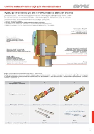 13
Муфты двойной фиксации для металлорукавов в стальной оплетке
Для металлорукавов в стальной оплетке разработан специальный конструктив муфт с фиксацией оплетки в муфте.
Все муфты изготовлены из никелированной латуни и обеспечивают двойную фиксацию как трубы, так и оплетки.
Данное техническое решение позволяет обеспечить целый ряд преимуществ:
• высокая нагрузка на вырыв;
• высокая степень герметизации для всех металлорукавов в оплетке;
• предотвращение возможного повреждения рук о край оплетки металлорукава;
• надежная фиксация оплетки со всех сторон и надежное удерживание в аксессуаре.
Муфты двойной фиксации имеют 2 конструктивных исполнения.
Выбор конструктивного исполнения зависит от вида покрытия металлорукава, с которым планируется использовать муфту. Для металлорукава
в гладкой изоляции и стальной оплетке используется муфта с исполнением T0, для металлорукава в герметичной (гофрированной) изоляции и
оплетке – исполнение T1.
Обозначение
конструктивного исполнения
T0 T1
Конструктивное исполнение
Используется совместно с Металлорукав в гладкой изоляции и оплетке Металлорукав в изоляции и оплетке
Виды металлорукавов
607ETX 6071T
Степень пыле- и влагозащиты IP IP66/IP67 IP66/IP67
Система металлических труб для электропроводки
Корпус муфты
• никелированная латунь;
• идеально гладкая внутренняя
поверхность исключает возможность
повреждения кабеля при протяжке;
• высокая прочность и надежность муфт;
• высокая химическая стойкость
Зажимное кольцо из полиамида
Надежно фиксирует муфту на трубе,
гарантируя высокую степень герметизации IP67
Резьба
Метрическая резьба согласно EN 60423
Промежуточный корпус
• никелированная латунь;
• надежная фиксация оплетки;
• высокая прочность;
• высокая химическая стойкость
Зажимная гайка
• никелированная латунь;
• высокая химическая стойкость;
• 6 граней для затяжки рожковым
ключом
Втулка из цинкового сплава ZAMAK
• закрывает острые края металлорукава,
исключая возможность повреждения кабеля
или провода при протяжке;
• ввинчивается в металлорукав,
обеспечивая высокую нагрузку на вырыв
 