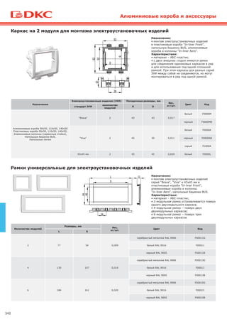 342
Алюминиевые короба и аксессуары
Каркас на 2 модуля для монтажа электроустановочных изделий
Назначение:
• монтаж электроустановочных изделий
в пластиковые короба "In-liner Front",
напольную башенку BUS, алюминиевые
короба и колонны "In-liner Aero".
Характеристики:
• материал – АБС-пластик;
• с двух внешних сторон имеются замки
для соединения одинаковых каркасов в ряд
и для использования под одной сплошной
рамкой. При этом каркасы для разных серий
ЭУИ между собой не соединяются, но могут
монтироваться в ряд под одной рамкой.
Назначение:
• монтаж электроустановочных изделий
серий "Brava", "Viva" и 45х45 мм в
пластиковые короба "In-liner Front",
алюминиевые короба и колонны
"In-liner Aero", напольные башенки BUS.
Характеристики:
• материал – АБС-пластик;
• 2-модульная рамка устанавливается поверх
одного двухмодульного каркаса;
• 4-модульная рамка − поверх двух
двухмодульных каркасов;
• 6-модульная рамка − поверх трех
двухмодульных каркасов.
Рамки универсальные для электроустановочных изделий
Назначение
Электроустановочные изделия (ЭУИ) Посадочные размеры, мм
Вес,
кг/шт.
Цвет Код
стандарт ЭУИ
количество
модулей
R D
Алюминиевые короба 90х50, 110х50, 140х50
Пластиковые короба 90х50, 110х50, 140х50,
Алюминиевые колонны (сервисные стойки),
Напольные башенки BUS,
Напольные лючки
"Brava" 2 43 43 0,017
белый F0000M
черный F0000MB
"Viva" 2 45 50 0,011
белый F0000A
черный F0000AB
серый F1000A
45х45 мм 2 45 45 0,020 белый F0000L
Количество модулей
Размеры, мм
Вес,
кг/шт.
Цвет Код
L S
2 77 54 0,009
серебристый металлик RAL 9006 F00011G
белый RAL 9016 F00011
черный RAL 9005 F00011B
4 130 107 0,016
серебристый металлик RAL 9006 F00013G
белый RAL 9016 F00013
черный RAL 9005 F00013B
6 184 161 0,020
серебристый металлик RAL 9006 F00015G
белый RAL 9016 F00015
черный RAL 9005 F00015B
 
