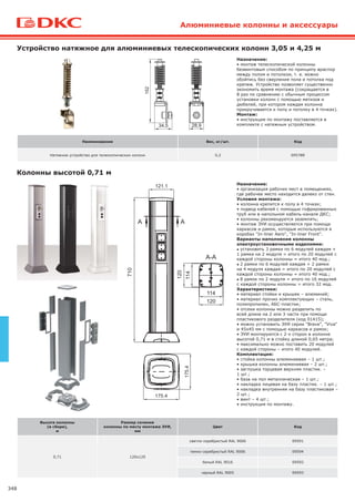 348
Колонны высотой 0,71 м
Алюминиевые колонны и аксессуары
Высота колонны
(в сборе),
м
Размер сечения
колонны по месту монтажа ЭУИ,
мм
Цвет Код
0,71 120х120
светло-серебристый RAL 9006 09591
темно-серебристый RAL 9006 09594
белый RAL 9016 09592
черный RAL 9005 09593
Назначение:
• организация рабочих мест в помещениях,
где рабочее место находится далеко от стен.
Условия монтажа:
• колонна крепится к полу в 4 точках;
• подвод кабелей с помощью гофрированных
труб или в напольном кабель-канале ДКС;
• колонны рекомендуется заземлять;
• монтаж ЭУИ осуществляется при помощи
каркасов и рамок, которые используются в
коробах "In-liner Aero", "In-liner Front".
Варианты наполнения колонны
электроустановочными изделиями:
● установить 3 рамки по 6 модулей каждая +
1 рамка на 2 модуля = итого по 20 модулей с
каждой стороны колонны = итого 40 мод.;
● 2 рамки по 6 модулей каждая + 2 рамки
на 4 модуля каждая = итого по 20 модулей с
каждой стороны колонны = итого 40 мод.;
● 8 рамок по 2 модуля = итого по 16 модулей
с каждой стороны колонны = итого 32 мод.
Характеристики:
• материал стойки и крышек – алюминий;
• материал прочих комплектующих – сталь,
полипропилен, АБС-пластик;
• отсеки колонны можно разделить по
всей длине на 2 или 3 части при помощи
пластикового разделителя (код 01415);
• можно установить ЭУИ серии "Brava", "Viva"
и 45х45 мм с помощью каркасов и рамок;
• ЭУИ монтируются с 2-х сторон в колонне
высотой 0,71 м в стойку длиной 0,65 метра;
• максимально можно поставить 20 модулей
с каждой стороны – итого 40 модулей.
Комплектация:
• стойка колонны алюминиевая – 1 шт.;
• крышка колонны алюминиевая – 2 шт.;
• заглушка торцевая верхняя пластик. –
1 шт.;
• база на пол металлическая – 1 шт.;
• накладка лицевая на базу пластик. – 1 шт.;
• накладка внутренняя на базу пластиковая –
2 шт.;
• винт – 4 шт.;
• инструкция по монтажу.
120
114
120
114
710
Устройство натяжное для алюминиевых телескопических колонн 3,05 и 4,25 м
Наименование Вес, кг/шт. Код
Натяжное устройство для телескопических колонн 0,2 09578R
Назначение:
• монтаж телескопической колонны
безвинтовым способом по принципу враспор
между полом и потолком, т. е. можно
обойтись без сверления пола и потолка под
крепеж. Устройство позволяет существенно
экономить время монтажа (сокращается в
8 раз по сравнению с обычным процессом
установки колонн с помощью метизов и
дюбелей, при котором каждая колонна
прикручивается к полу и потолку в 4 точках).
Монтаж:
• инструкция по монтажу поставляется в
комплекте с натяжным устройством.
152
 