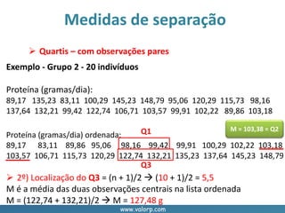 www.valorp.com
Proteína (gramas/dia) ordenada:
89,17 83,11 89,86 95,06 98,16 99,42 99,91 100,29 102,22 103,18
103,57 106,71 115,73 120,29 122,74 132,21 135,23 137,64 145,23 148,79
Medidas de separação
 Quartis – com observações pares
Exemplo - Grupo 2 - 20 indivíduos
Proteína (gramas/dia):
89,17 135,23 83,11 100,29 145,23 148,79 95,06 120,29 115,73 98,16
137,64 132,21 99,42 122,74 106,71 103,57 99,91 102,22 89,86 103,18
M = 103,38 = Q2
 2º) Localização do Q3 = (n + 1)/2  (10 + 1)/2 = 5,5
M é a média das duas observações centrais na lista ordenada
M = (122,74 + 132,21)/2  M = 127,48 g
Q1
Q3
 