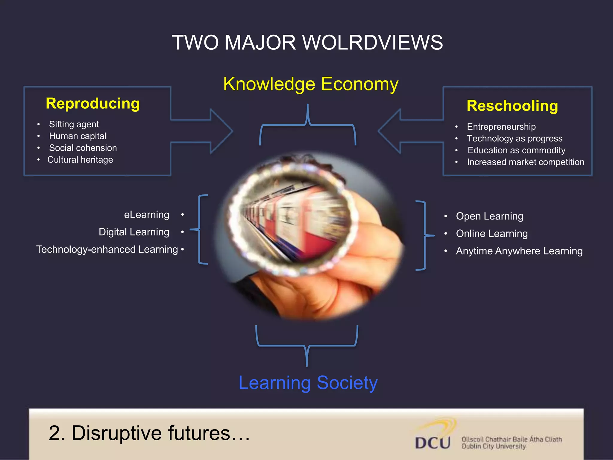 ReschoolingReproducing
• Entrepreneurship
• Technology as progress
• Education as commodity
• Increased market competition
• Sifting agent
• Human capital
• Social cohension
• Cultural heritage
• Open Learning
• Online Learning
• Anytime Anywhere Learning
eLearning •
Digital Learning •
Technology-enhanced Learning •
Knowledge Economy
Learning Society
TWO MAJOR WOLRDVIEWS
2. Disruptive futures…
 