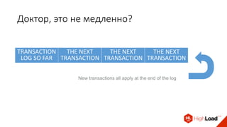 Доктор, это не медленно?
TRANSACTION
LOG SO FAR
THE NEXT
TRANSACTION
THE NEXT
TRANSACTION
THE NEXT
TRANSACTION
New transactions all apply at the end of the log
 