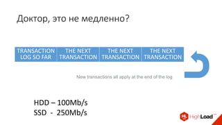 Доктор, это не медленно?
TRANSACTION
LOG SO FAR
THE NEXT
TRANSACTION
THE NEXT
TRANSACTION
THE NEXT
TRANSACTION
New transactions all apply at the end of the log
HDD – 100Mb/s
SSD - 250Mb/s
 