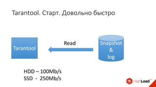 Tarantool. Старт. Довольно быстро
Tarantool
Read Snapshot
&
log
HDD – 100Mb/s
SSD - 250Mb/s
 