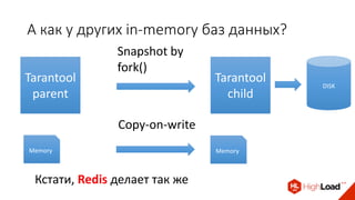 А как у других in-memory баз данных?
Tarantool
parent
Snapshot by
fork()
DISK
Tarantool
child
Memory Memory
Copy-on-write
Кстати, Redis делает так же
 