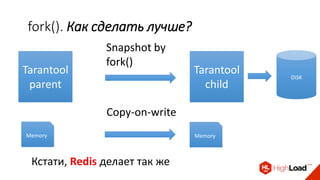 fork(). Как сделать лучше?
Tarantool
parent
Snapshot by
fork()
DISK
Tarantool
child
Memory Memory
Copy-on-write
Кстати, Redis делает так же
 