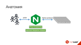 Анатомия
upstream Keepalive module!
Application serverHTTP
Application server
Application server
Application server
Application server
Application server
Native protocol
Proxy & balancing
 