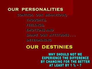 OUR PERSONALITIESOUR PERSONALITIES
CONTROL OUR BEHAVIOUR,CONTROL OUR BEHAVIOUR,
THOUGHTS,THOUGHTS,
FEELINGS,FEELINGS,
EMOTIONS ANDEMOTIONS AND
SHAPE OUR ATTITUDES . . .SHAPE OUR ATTITUDES . . .
DETERMININGDETERMINING
OUR DESTINIESOUR DESTINIES
 