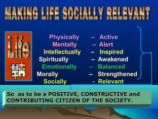 PhysicallyPhysically – Active– Active
MentallyMentally – Alert– Alert
IntellectuallyIntellectually – Inspired– Inspired
SpirituallySpiritually – Awakened– Awakened
EmotionallyEmotionally – Balanced– Balanced
MorallyMorally – Strengthened– Strengthened
SociallySocially - Relevant- Relevant
So as to be a POSITIVE, CONSTRUCTIVE andSo as to be a POSITIVE, CONSTRUCTIVE and
CONTRIBUTING CITIZEN OF THE SOCIETY.CONTRIBUTING CITIZEN OF THE SOCIETY.
 