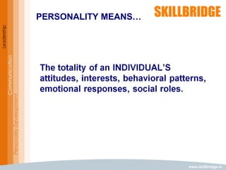 www.skillbridge.in
Leadership
Communication
PersonalityDevelopment PERSONALITY MEANS…
 