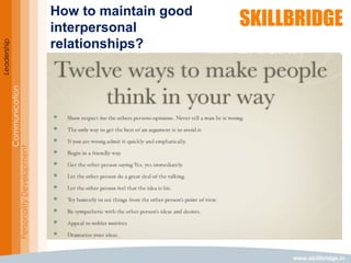 www.skillbridge.in
Leadership
Communication
PersonalityDevelopment
How to maintain good
interpersonal
relationships?
 