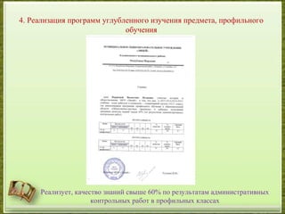 4. Реализация программ углубленного изучения предмета, профильного
обучения
Реализует, качество знаний свыше 60% по результатам административных
контрольных работ в профильных классах
 