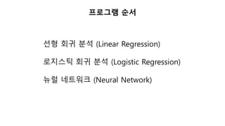 ML
Learn
프로그램 순서
선형 회귀 분석 (Linear Regression)
로지스틱 회귀 분석 (Logistic Regression)
뉴럴 네트워크 (Neural Network)
 