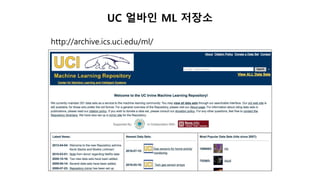 ML
Learn
UC 얼바인 ML 저장소
http://archive.ics.uci.edu/ml/
 