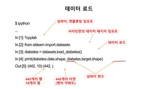 $ ipython
...
In [1]: %pylab
In [2]: from sklearn import datasets
In [3]: diabetes = datasets.load_diabetes()
In [4]: print(diabetes.data.shape, diabetes.target.shape)
Out [5]: (442, 10) (442, )
데이터 로드
넘파이, 맷플롯립 임포트
사이킷런의 데이터 패키지 임포트
데이터 로드
넘파이 변수
442개의 행
10개의 열
442개의 타겟
(병의 악화도)
 