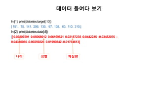 In [1]: print(diabetes.target[:10])
[ 151. 75. 141. 206. 135. 97. 138. 63. 110. 310.]
In [2]: print(diabetes.data[:5])
[[ 0.03807591 0.05068012 0.06169621 0.02187235 -0.0442235 -0.03482076 -
0.04340085 -0.00259226 0.01990842 -0.01764613]
데이터 들여다 보기
나이 성별 체질량
 