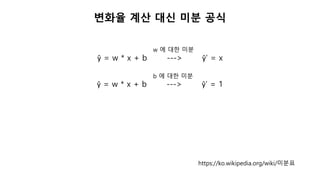 변화율 계산 대신 미분 공식
ŷ = w * x + b ---> ŷ’ = x
w 에 대한 미분
ŷ = w * x + b ---> ŷ’ = 1
b 에 대한 미분
https://ko.wikipedia.org/wiki/미분표
 
