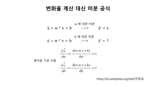 변화율 계산 대신 미분 공식
ŷ = w * x + b ---> ŷ’ = x
w 에 대한 미분
ŷ = w * x + b ---> ŷ’ = 1
b 에 대한 미분
https://ko.wikipedia.org/wiki/미분표
편미분 기호 사용
 