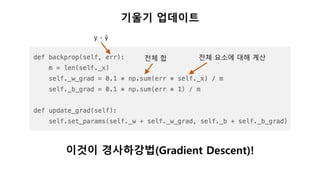 기울기 업데이트
이것이 경사하강법(Gradient Descent)!
y - ŷ
전체 요소에 대해 계산전체 합
 