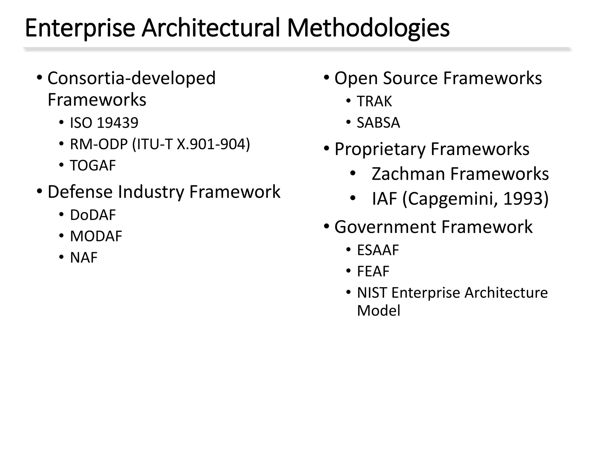 Enterprise Architectural Methodologies
• Consortia-developed
Frameworks
• ISO 19439
• RM-ODP (ITU-T X.901-904)
• TOGAF
• Defense Industry Framework
• DoDAF
• MODAF
• NAF
• Open Source Frameworks
• TRAK
• SABSA
• Proprietary Frameworks
• Zachman Frameworks
• IAF (Capgemini, 1993)
• Government Framework
• ESAAF
• FEAF
• NIST Enterprise Architecture
Model
 