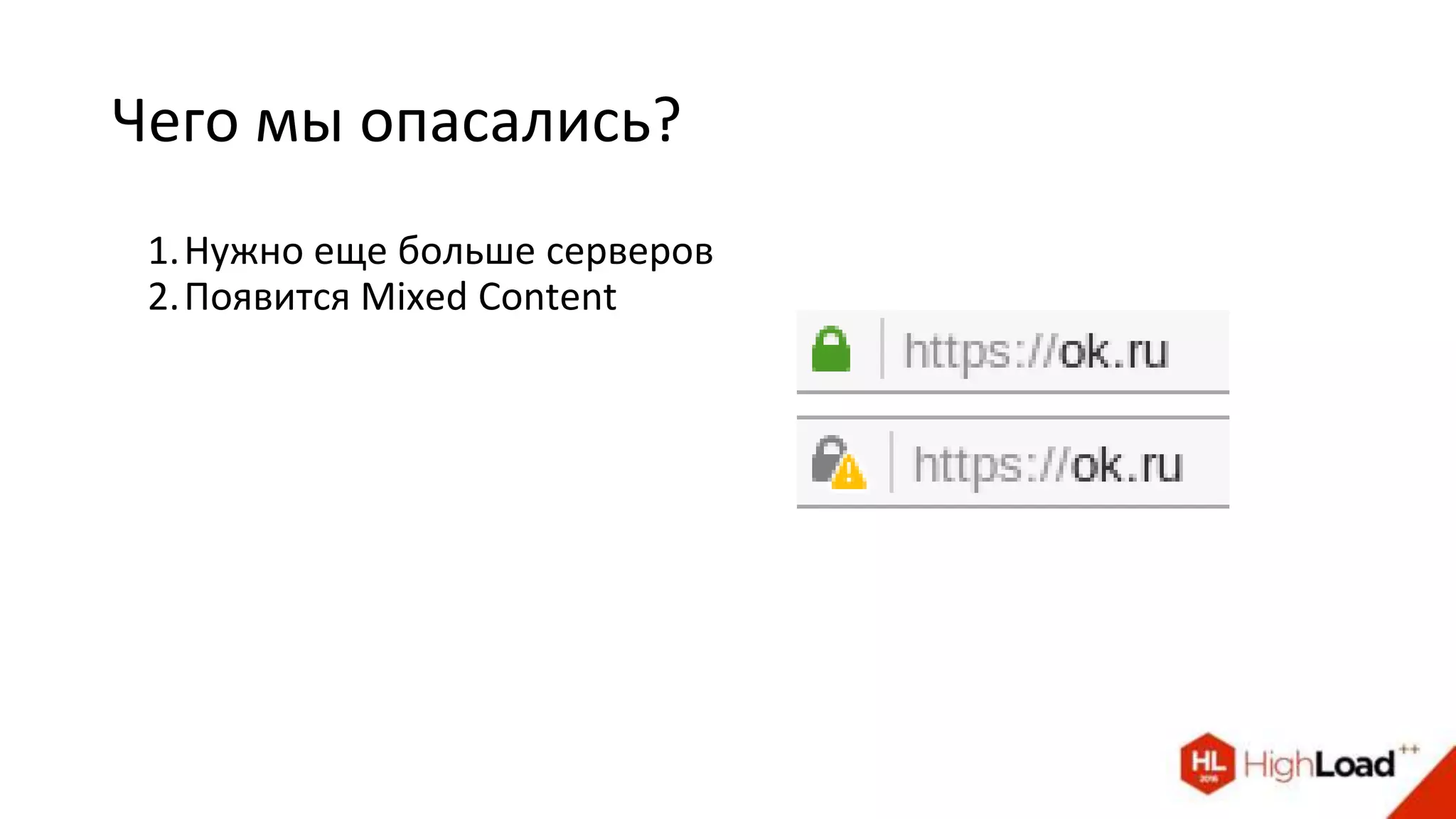 Чего мы опасались?
1.Нужно еще больше серверов
2.Появится Mixed Content
 