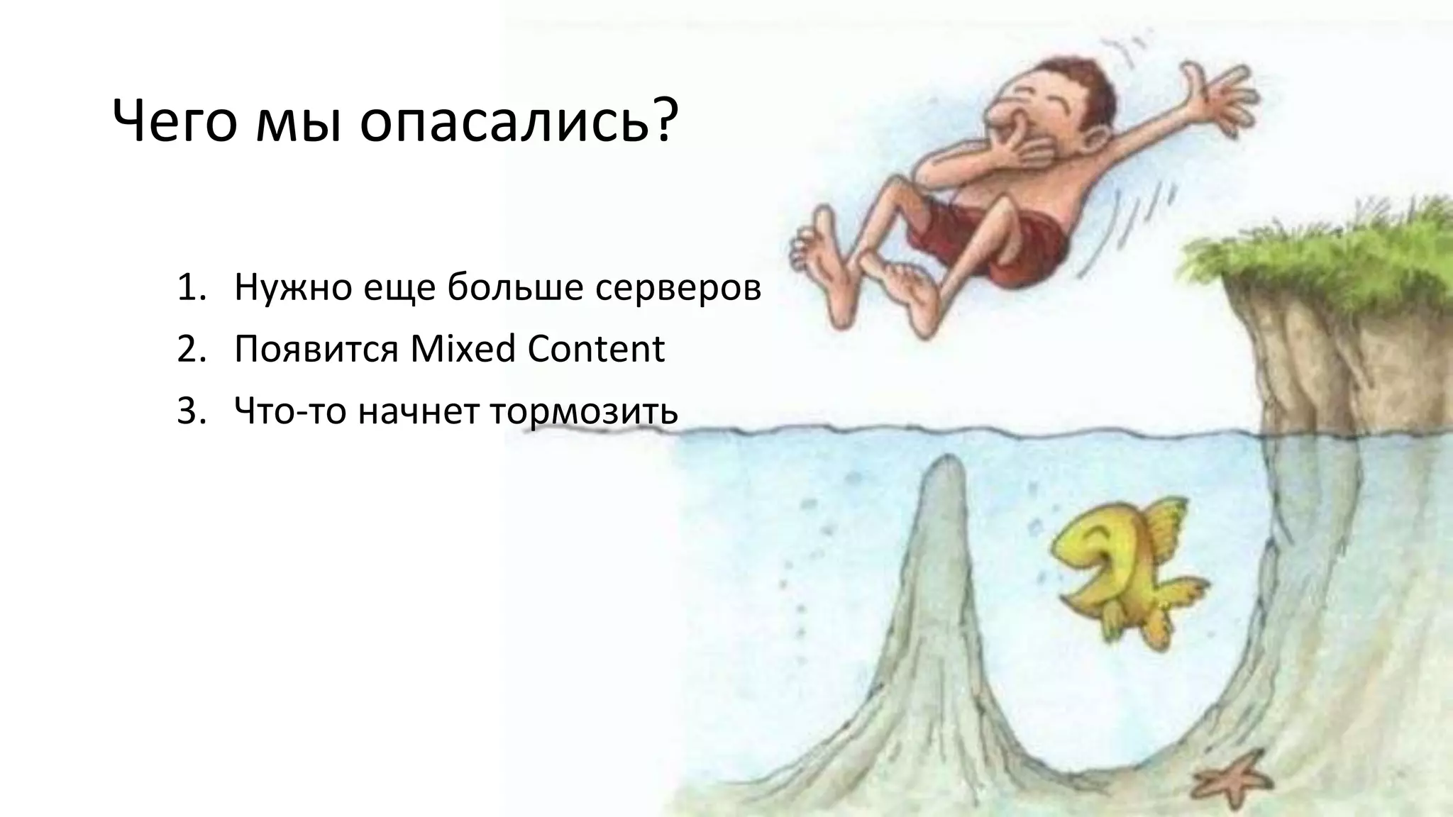 1. Нужно еще больше серверов
2. Появится Mixed Content
3. Что-то начнет тормозить
Чего мы опасались?
 