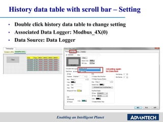 History data table with scroll bar – Setting
• Double click history data table to change setting
• Associated Data Logger: Modbus_4X(0)
• Data Source: Data Logger
•
 