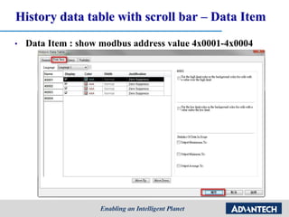 History data table with scroll bar – Data Item
• Data Item : show modbus address value 4x0001-4x0004
 
