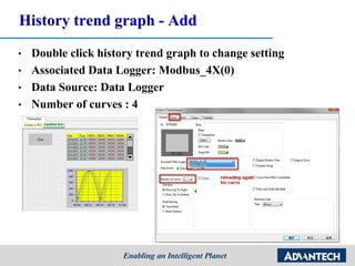 History trend graph - Add
• Double click history trend graph to change setting
• Associated Data Logger: Modbus_4X(0)
• Data Source: Data Logger
• Number of curves : 4
 