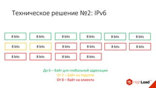 Техническое решение №2: IPv6
8 bits 8 bits 8 bits 8 bits 8 bits 8 bits
8 bits 8 bits 8 bits 8 bits 8 bits 8 bits
8 bits 8 bits 8 bits 8 bits
До 6 – байт для глобальной адресации
От 2 – байт на подсети
От 8 – байт на клиента
 