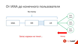 От IANA до конечного пользователя
IANA RIR LIR
End-
client
End-
client
End-
client
No money
HoneyЗапас карман не тянет…
 