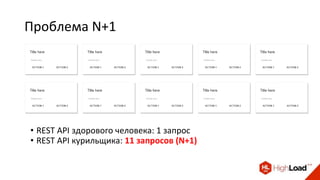Проблема N+1
• REST API здорового человека: 1 запрос
• REST API курильщика: 11 запросов (N+1)
 