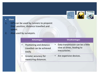 Advantages Disadvantages
• Positioning and distance
travelled can be achieved
easily.
• Data transmission can be a little
slow at times, leading to
inaccuracies.
• Greater accuracy for
measuring distances.
• Are expensive devices.
• Uses
1. GPS can be used by runners to pinpoint
their position, distance travelled and
speed.
2. Also used by surveyors.
 