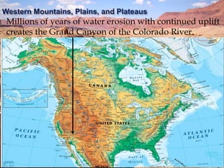  Millions of years of water erosion with continued uplift
creates the Grand Canyon of the Colorado River.
 