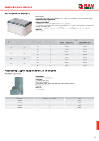 31
Назначение:
• для защиты размещенного оборудования от агрессивного воздействия окружающей среды.
Отличительные особенности:
• цвет – серый RAL 7035.
Комплект поставки:
• пластиковые винты для крепления крышки к корпусу;
• втулки под пластиковые винты (для крышек высотой 21 мм) или пластиковые заглушки (для
крышек высотой 35 мм);
• забивные втулки с внутренней резьбой M6 для монтажа оборудования внутри корпуса.
Чертежи:
• см. на диске.
Ударопрочные корпуса
Ударопрочные корпуса
Длина, мм Ширина, мм Высота корпуса, мм Высота крышки, мм
Код
корпус с фланцами с
непрозрачной крышкой
корпус с фланцами с
прозрачной крышкой
300 150
125 21 531210 531211
125 35 531310 531311
300 200
125 21 532210 532211
125 35 532310 532311
400 200
125 21 542210 542211
125 35 542310 542311
600 300
125 21 563210 563211
125 35 563310 563311
Монтажные платы
Размер, мм Толщина металла, мм Код
300х150 1,5 503310
300х200 1,5 503320
400х200 1,5 503420
600х300 2 503630
Назначение:
• для монтажа оборудования.
Материал:
• оцинкованная сталь.
Комплект поставки:
• монтажная плата, винты для фиксации платы внутри корпуса.
Примеры монтажа:
• стр. 36.
Чертежи:
• см. на диске.
Аксессуары для ударопрочных корпусов
 