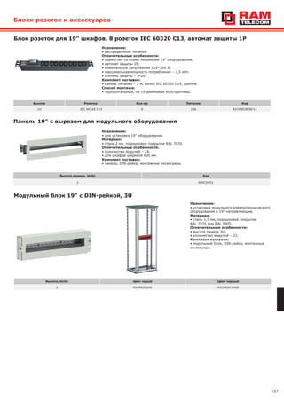 157
Блоки розеток и аксессуаров
Блок розеток для 19" шкафов, 8 розеток IEC 60320 С13, автомат защиты 1Р
Назначение:
• распределение питания.
Отличительные особенности:
• совместим со всеми линейками 19" оборудования;
• автомат защиты 1Р;
• номинальное напряжение 220–250 В;
• максимальная мощность потребления – 2,5 кВт;
• степень защиты – IP20.
Комплект поставки:
• кабель питания – 2 м, вилка IEC 60320 C14, крепеж.
Способ монтажа:
• горизонтальный, на 19-дюймовые конструктивы.
Высота Розетка Кол-во Питание Код
1U IEC 60320 С13 8 10А R519IEC8CBC14
Панель 19" с вырезом для модульного оборудования
Назначение:
• для установки 19" оборудования.
Материал:
• сталь 2 мм, порошковое покрытие RAL 7035.
Отличительные особенности:
• количество модулей – 24;
• для шкафов шириной 600 мм.
Комплект поставки:
• панель, DIN-рейка, монтажные аксессуары.
Высота панели, Units Код
3 R5PCDF01
Модульный блок 19" с DIN-рейкой, 3U
Назначение:
• установка модульного электротехнического
оборудования в 19" направляющие.
Материал:
• сталь 1,5 мм, порошковое покрытие
RAL 7035 или RAL 9005.
Отличительные особенности:
• высота панели 3U;
• количество модулей – 22.
Комплект поставки:
• модульный блок, DIN-рейка, монтажные
аксессуары.
Высота, Units Цвет серый Цвет черный
3 R5CMDIT3HE R5CMDIT3HEB
 