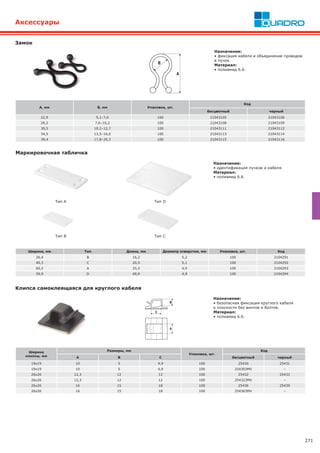 271
А, мм B, мм Упаковка, шт.
Код
бесцветный черный
22,9 5,1–7,6 100 21043105 21043106
26,2 7,6–10,2 100 21043108 21043109
30,5 10,2–12,7 100 21043111 21043112
34,5 13,5–16,0 100 21043113 21043114
39,4 17,8–20,3 100 21043115 21043116
Замок
Назначение:
• фиксация кабеля и объединение проводов
в пучок.
Материал:
• полиамид 6.6.
Аксессуары
Клипса самоклеящаяся для круглого кабеля
Ширина
клипсы, мм
Размеры, мм
Упаковка, шт.
Код
A B C бесцветный черный
19х19 10 5 4,9 100 25430 25431
19х19 10 5 4,9 100 254303MV –
26х26 12,3 12 12 100 25432 25433
26х26 12,3 12 12 100 254323MV –
26х26 16 15 18 100 25436 25439
26х26 16 15 18 100 254363MV –
Назначение:
• безопасная фиксация круглого кабеля
к плоскости без винтов и болтов.
Материал:
• полиамид 6.6.
Маркировочная табличка
Ширина, мм Тип Длина, мм Диаметр отверстия, мм Упаковка, шт. Код
26,4 B 16,2 5,2 100 2104291
40,3 C 20,5 5,1 100 2104292
60,5 A 25,2 4,9 100 2104293
59,9 D 49,9 4,9 100 2104294
Назначение:
• идентификация пучков и кабеля.
Материал:
• полиамид 6.6.
Тип А
Тип B
Тип D
Тип C
 