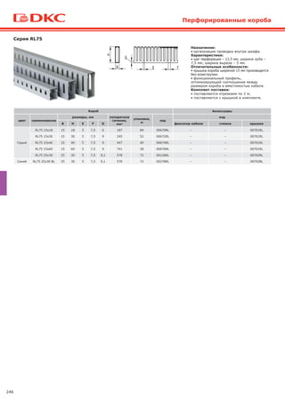 246
Перфорированные короба
Серия RL75
Назначение:
• организация проводки внутри шкафа.
Характеристики:
• шаг перфорации – 12,5 мм; ширина зуба –
7,5 мм; ширина выреза – 5 мм.
Отличительные особенности:
• крышка короба шириной 15 мм производится
без коэкструзии.
• функциональный профиль,
оптимизирующий соотношение между
размером короба и вместимостью кабеля.
Комплект поставки:
• поставляются отрезками по 2 м;
• поставляются с крышкой в комплекте.
Короб Аксессуары
цвет наименование
размеры, мм поперечное
сечение,
мм2
упаковка,
м
код
код
B H E F G фиксатор кабеля стяжка крышка
Серый
RL75 15x18 15 18 5 7,5 6 187 84 00670RL – – 00701RL
RL75 15x30 15 30 5 7,5 9 345 52 00672RL – – 00701RL
RL75 15x40 15 40 5 7,5 9 447 40 00674RL – – 00701RL
RL75 15x60 15 60 5 7,5 9 741 28 00676RL – – 00701RL
RL75 25x30 25 30 5 7,5 9,1 578 72 00126RL – – 00702RL
Синий RL75 25x30 BL 25 30 5 7,5 9,1 578 72 00278RL – – 00702BL
 