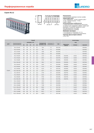 247
Серия RL12
Назначение:
• организация проводки внутри шкафа.
Характеристики:
• шаг перфорации – 20 мм; ширина зуба –
12 мм; ширина выреза – 8 мм;
• цвет: серый.
Отличительные особенности:
• характеризуется специальным выступом
на зубцах для поддержки кабеля; облегчает
разводку и позволяет разделить цепи
при вертикальном монтаже
перфорированных коробов.
Комплект поставки:
• поставляются отрезками по 2 м;
• поставляются с крышкой в комплекте.
Чертежи фиксаторов кабеля:
• стр. 252.
Короб Аксессуары
цвет наименование
размеры, мм
поперечное
сечение, мм2
упаковка, м код
код
B H E F G
фиксатор
кабеля
стяжка крышка
Серый
RL12 25x30 25 30 8 12 9,1 578 72 00127RL – – 00702RL
RL12 25x40 25 40 8 12 13,3 781 72 00128RL – – 00702RL
RL12 25x60 25 60 8 12 15,4 1206 48 00136RL – – 00702RL
RL12 25x80 25 80 8 12 17,4 1652 48 00146RL – – 00702RL
RL12 40x40 40 40 8 12 13,3 1314 40 00134RL 05203RL 01022 00703RL
RL12 40x60 40 60 8 12 15,5 2019 36 00107RL 05203RL 01022 00703RL
RL12 40x80 40 80 8 12 17,6 2745 32 00149RL 05203RL 01022 00703RL
RL12 40x100 40 100 8 12 19,8 3461 16 00161RL 05203RL 01022 00703RL
RL12 60x40 60 40 8 12 13,4 2025 16 00135RL 05205RL 01022 00704RL
RL12 60x60 60 60 8 12 15,6 3114 24 00108RL 05205RL 01022 00704RL
RL12 60x80 60 80 8 12 17,8 4219 24 00151RL 05205RL 01022 00704RL
RL12 60x100 60 100 8 12 20 5337 16 00162RL 05205RL 01022 00704RL
RL12 80x40 80 40 8 12 13,4 2740 24 00163RL 05207RL 01022 00705RL
RL12 80x60 80 60 8 12 15,6 4216 24 00139RL 05207RL 01022 00705RL
RL12 80x80 80 80 8 12 17,9 5706 24 00152RL 05207RL 01022 00705RL
RL12 80x100 80 100 8 12 20 7248 12 00170RL 05207RL 01022 00705RL
RL12 100x40 100 40 8 12 13,6 3450 16 00165RL – 01023 00706RL
RL12 100x60 100 60 8 12 15,8 5304 16 00140RL – 01023 00706RL
RL12 100x80 100 80 8 12 18 7198 16 00153RL – 01023 00706RL
RL12 100x100 100 100 8 12 20,2 8920 8 00171RL – 01023 00706RL
RL12 120x60 120 60 8 12 16 6388 16 00142RL – 01023 00707RL
RL12 120x80 120 80 8 12 18,2 8673 12 00159RL – 01023 00707RL
RL12 150х100 150 100 8 12 20,4 13876 8 00172RL – 01023 00708RL
Перфорированные короба
 
