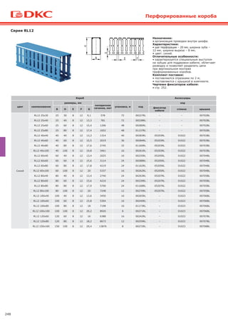 248
Серия RL12
Назначение:
• организация проводки внутри шкафа.
Характеристики:
• шаг перфорации – 20 мм; ширина зуба –
12 мм; ширина выреза – 8 мм;
• цвет: синий.
Отличительные особенности:
• характеризуется специальным выступом
на зубцах для поддержки кабеля; облегчает
разводку и позволяет разделить цепи
при вертикальном монтаже
перфорированных коробов.
Комплект поставки:
• поставляются отрезками по 2 м;
• поставляются с крышкой в комплекте.
Чертежи фиксаторов кабеля:
• стр. 252.
Короб Аксессуары
цвет наименование
размеры, мм
поперечное
сечение, мм2
упаковка, м код
код
B H E F G
фиксатор
кабеля
стяжка крышка
Синий
RL12 25x30 25 30 8 12 9,1 578 72 00227RL – – 00702BL
RL12 25x40 25 40 8 12 13,3 781 72 00228RL – – 00702BL
RL12 25x60 25 60 8 12 15,4 1206 48 00280RL – – 00702BL
RL12 25x80 25 80 8 12 17,4 1652 48 01137RL – – 00702BL
RL12 40x40 40 40 8 12 13,3 1314 40 00283RL 05203RL 01022 00703BL
RL12 40x60 40 60 8 12 15,5 2019 36 00284RL 05203RL 01022 00703BL
RL12 40x80 40 80 8 12 17,6 2745 32 01160RL 05203RL 01022 00703BL
RL12 40x100 40 100 8 12 19,8 3461 16 00261RL 05203RL 01022 00703BL
RL12 60x40 60 40 8 12 13,4 2025 16 00235RL 05205RL 01022 00704BL
RL12 60x60 60 60 8 12 15,6 3114 24 00288RL 05205RL 01022 00704BL
RL12 60x80 60 80 8 12 17,8 4219 24 01162RL 05205RL 01022 00704BL
RL12 60x100 60 100 8 12 20 5337 16 00262RL 05205RL 01022 00704BL
RL12 80x40 80 40 8 12 13,4 2740 24 00263RL 05207RL 01022 00705BL
RL12 80x60 80 60 8 12 15,6 4216 24 00239RL 05207RL 01022 00705BL
RL12 80x80 80 80 8 12 17,9 5706 24 01168RL 05207RL 01022 00705BL
RL12 80x100 80 100 8 12 20 7248 12 00270RL 05207RL 01022 00705BL
RL12 100x40 100 40 8 12 13,6 3450 16 00265RL – 01023 00706BL
RL12 100x60 100 60 8 12 15,8 5304 16 00240RL – 01023 00706BL
RL12 100x80 100 80 8 12 18 7198 16 01173RL – 01023 00706BL
RL12 100x100 100 100 8 12 20,2 8920 8 00271RL – 01023 00706BL
RL12 120x60 120 60 8 12 16 6388 16 00242RL – 01023 00707BL
RL12 120x80 120 80 8 12 18,2 8673 12 00259RL – 01023 00707BL
RL12 150х100 150 100 8 12 20,4 13876 8 00272RL – 01023 00708BL
Перфорированные короба
 