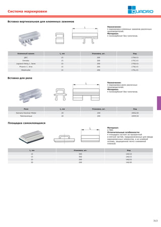 313
Вставка вертикальная для клеммных зажимов
Назначение:
• маркировка клеммных зажимов различных
производителей.
Материал:
• поликарбонат без галогенов.
Назначение:
• маркировка реле различных
производителей.
Материал:
• поликарбонат без галогенов.
Вставка для реле
Реле L, мм Упаковка, шт. Код
Siemens Klockner-Moller 20 200 185G/20
Telemecanique 20 200 185M/20
Клеммный зажим L, мм Упаковка, шт. Код
ДКС 15 200 175A/15
Entrelec 15 200 175C/15
Legrand Viking 1. Serie 15 200 175D/15
Phoenix C. Ilme 15 200 175E/15
Wiedmuller 15 200 175L/15
Система маркировки
Материал:
• ПВХ.
Отличительные особенности:
• площадка состоит из прозрачной
и мягкой частей, предназначенных для ввода
маркировочных элементов, и из клейкой
основы, защищенной легко снимаемой
пленкой.
Площадка самоклеящаяся
L, мм Упаковка, шт. Код
10 500 140/10
15 500 140/15
23 200 140/23
30 200 140/30
 
