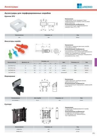 251
Крепеж ZP2
Назначение:
• крепление пучка проводов к базе
перфорированного короба путем вставки
в него хомутика.
Отличительные особенности:
• используется для перфорированных
коробов серии TD и TPD.
Аксессуары для перфорированных коробов
Наименование Упаковка, шт. Код
ZP2 500 06561
Фиксаторы короба
Назначение:
• быстрая и надежная фиксация короба
к монтажной плате.
Отличительные особенности:
• в отличие от саморезов не проводят
электрический ток и исключают возможность
пробоя при повреждении провода;
• устанавливаются с помощью специального
инструмента (стр. 254).
Наименование Диаметр, мм
Размеры, мм
Цвет Упаковка, шт. Код
L B C D E
DUCTAFIX RL4 4 25,5 2 12 4 9 зеленый 1000 06502RL
DUCTAFIX RL6 6,5 29,5 2 14 6,25 11 красный 500 06511RL
DUCTAFIX R4 4 25 2 12 4 9 синий 1000 06502
DUCTAFIX R6 6,5 29 2 14 6,25 11 оранжевый 500 06511
Аксессуары
Назначение:
• идентификация приборов внутри
электрического щита.
Отличительные особенности:
• используется для маркировки перфокороба
серии RL12.
Наименование Для короба Упаковка, шт. Код
DUCTAMARK 1 RL12 100 07501
Маркировка
Суппорт
Назначение:
• крепление перфорированного короба
на DIN-рейку.
Отличительные особенности:
• позволяет монтировать короб
на DIN-рейках как горизонтально,
так и вертикально.
Наименование Упаковка, шт. Код
DINBLOCK 100 07104RL
DINBLOCK 3 100 07103
 