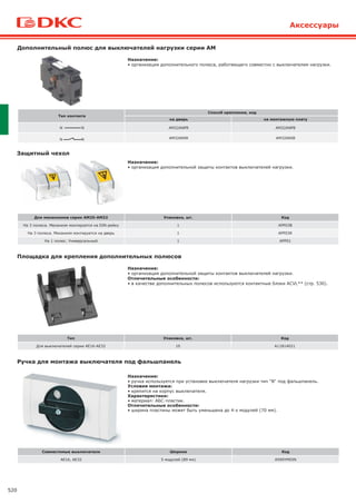 520
Аксессуары
Дополнительный полюс для выключателей нагрузки серии AM
Тип контакта
Способ крепления, код
на дверь на монтажную плату
N N AM32ANPR AM32ANPB
N N AM32ANIR AM32ANIB
Назначение:
• организация дополнительного полюса, работающего совместно с выключателем нагрузки.
Площадка для крепления дополнительных полюсов
Тип Упаковка, шт. Код
Для выключателей серии AE16-AE32 10 A11814021
Назначение:
• организация дополнительной защиты контактов выключателей нагрузки.
Отличительные особенности:
• в качестве дополнительных полюсов используются контактные блоки ACVL** (стр. 530).
Защитный чехол
Для механизмов серии АМ25-AM32 Упаковка, шт. Код
На 3 полюса. Механизм монтируется на DIN-рейку 1 APP03B
На 3 полюса. Механизм монтируется на дверь 1 APP03R
На 1 полюс. Универсальный 1 APP01
Назначение:
• организация дополнительной защиты контактов выключателей нагрузки.
Ручка для монтажа выключателя под фальшпанель
Совместимые выключатели Ширина Код
AE16, AE32 5 модулей (89 мм) A590YMDIN
Назначение:
• ручка используется при установке выключателя нагрузки тип "B" под фальшпанель.
Условия монтажа:
• крепится на корпус выключателя.
Характеристики:
• материал: АБС-пластик.
Отличительные особенности:
• ширина пластины может быть уменьшена до 4-х модулей (70 мм).
 